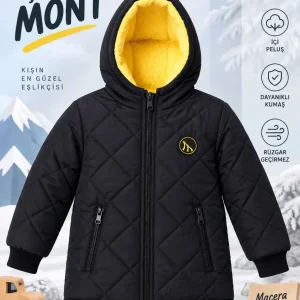 Erkek Çocuk İçi Pelüş Astarlı Kapüşonlu Kapitone Fermuarlı Kışlık Şişme Mont