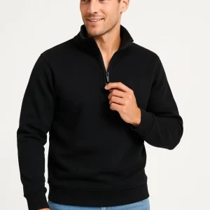 Erkek Dik Yaka Sweatshirt Dik Yaka Yarım Fermuarlı 3 İplik Pamuk Kumaş - Siyah