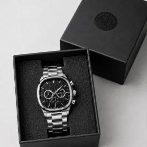 Erkek Gümüş Renk Metal Kordon Analog Kol Saati Siyah Kadran Takvim Göstergeli - Gümüş