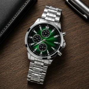 Erkek Gümüş Renk Metal Kordon Analog Kol Saati Takvim Göstergeli Yeşil Siyah Kadran - Gümüş