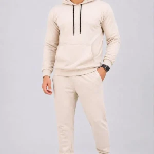 Erkek İki İplik Kapüşonlu Kanguru Cepli Sweatshirt Jogger Pantolon Alt Üst Eşofman Takımı -Bej