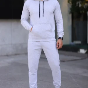 Erkek İki İplik Kapüşonlu Kanguru Cepli Sweatshirt Jogger Pantolon Alt Üst Eşofman Takımı - Gri