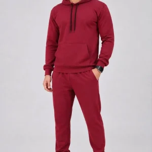 Erkek İki İplik Kapüşonlu Kanguru Cepli Sweatshirt Jogger Pantolon Alt Üst Eşofman Takımı -Bordo