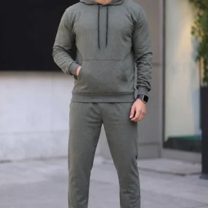 Erkek İki İplik Kapüşonlu Kanguru Cepli Sweatshirt Jogger Pantolon Alt Üst Eşofman Takımı - Haki