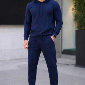 Erkek İki İplik Kapüşonlu Kanguru Cepli Sweatshirt Jogger Pantolon Alt Üst Eşofman Takımı - Lacivert