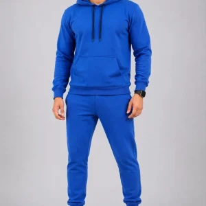 Erkek İki İplik Kapüşonlu Kanguru Cepli Sweatshirt Jogger Pantolon Alt Üst Eşofman Takımı -Saks Mavisi