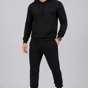 Erkek İki İplik Kapüşonlu Kanguru Cepli Sweatshirt Jogger Pantolon Alt Üst Eşofman Takımı -Siyah