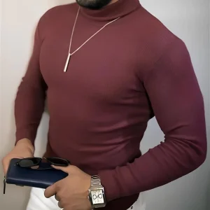 Erkek Tam Boğazlı Fitilli Kaşkorse Triko Likralı Extra Dar Kesim Slimfit Yumuşak - Bordo