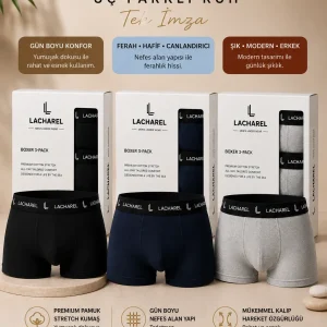 Erkek Likralı Pamuklu Nefes Alan Penye Boxer3'Lü Paket - Siyah & Gri & Lacivert
