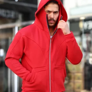 Erkek 3 İplik Şardonlu Maskeli Ninja Model Çift Kapüşonlu Fermuarlı 4 cepli Sweatshirt - Kırmızı