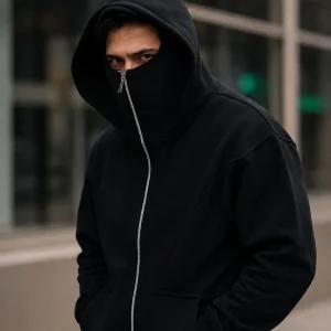 Erkek 3 İplik Şardonlu Maskeli Ninja Model Çift Kapüşonlu Fermuarlı 4 cepli Sweatshirt- Siyah