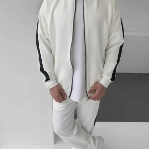 Erkek Scuba Kumaş Oversize Şerit Detaylı Fermuarlı Alt Üst Eşofman Takımı - Beyaz