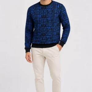 Erkek Siyah Mavi Yazı Desenli İki İplik Şardonlu Sweatshirt