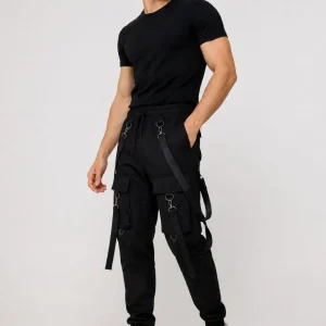 Erkek Techwear Şerit Aksesuarlı Ön Kapak Cep Detaylı Jogger Eşofman Altı - Siyah
