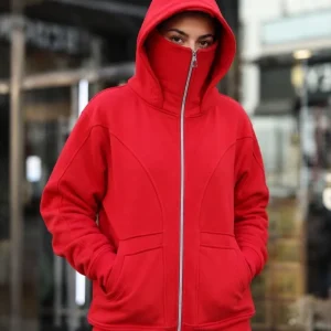 Kadın 3 İplik Şardonlu Maskeli Ninja Model Çift Kapüşonlu Fermuarlı 4 cepli Oversize Sweatshirt - Kırmızı
