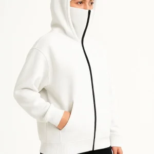 Kadın Samuray Ninja Çift Kapüşonlu Maske Detaylı 3 İplik Hoodie - Beyaz