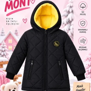Kız Çocuk İçi Pelüş Astarlı Kapüşonlu Kapitone Fermuarlı Kışlık Şişme Mont
