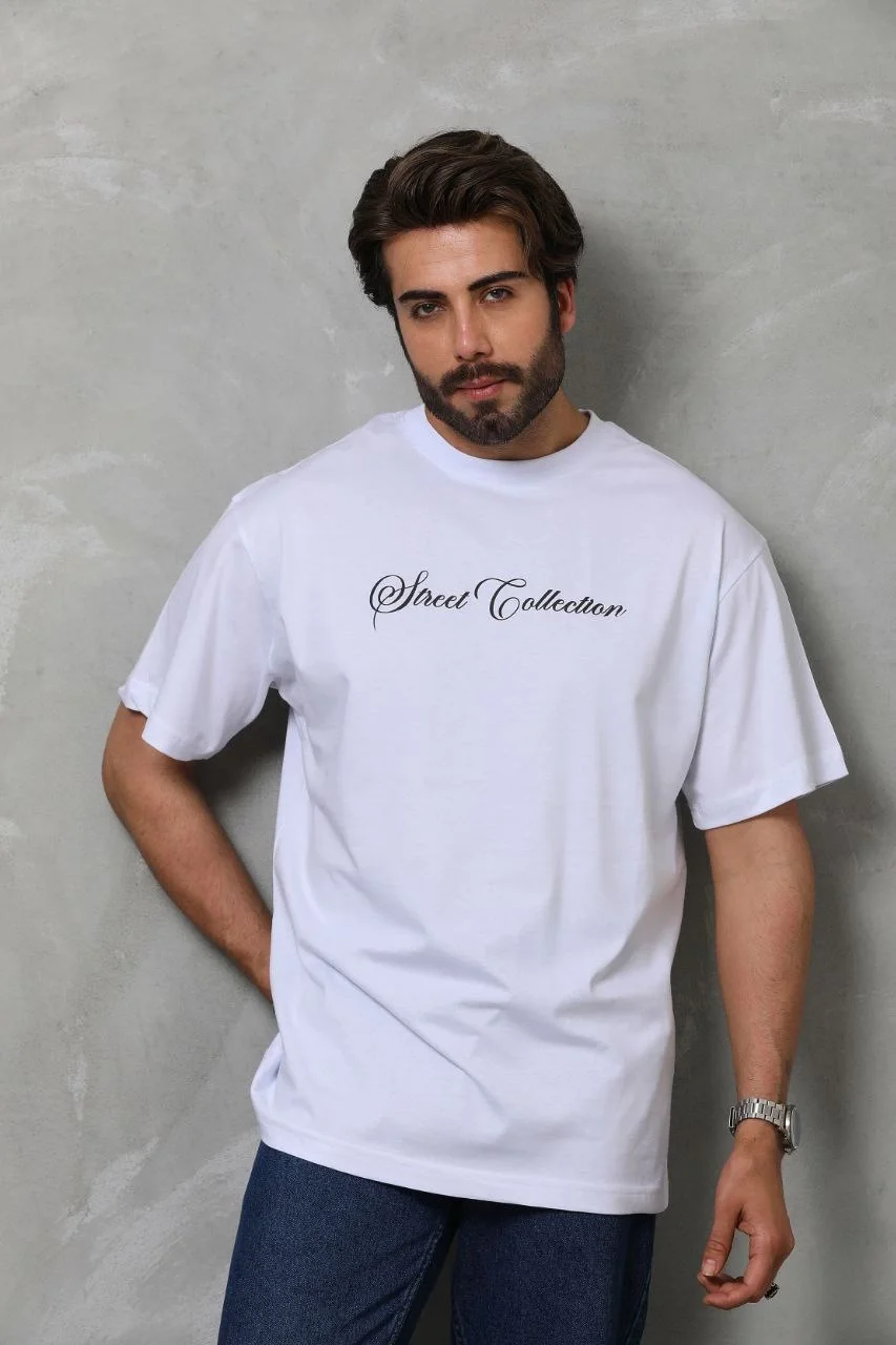 Erkek Bisiklet Yaka Baskılı Kısa Kol T-Shirt - Beyaz